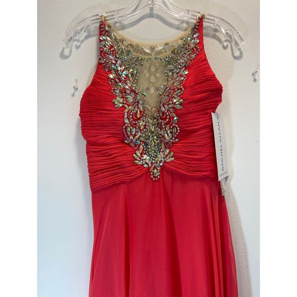 Rachel Allan Crystal Embellished Ruched Maxi Evening Gown Dress Size 2 Coral - Picture 5 of 6